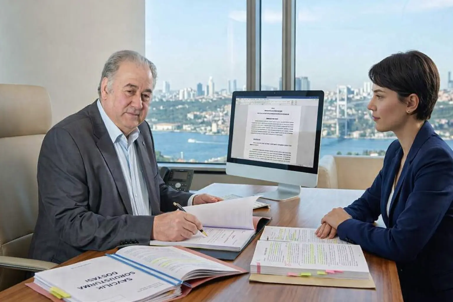 Soruşturma Dosya İçeriği ve Savunma Hazırlığı 2 Savcılık soruşturma dosyası inceleyen avukat ve müvekkil